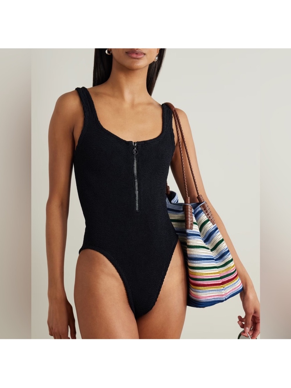 Hunza G Dallas Black Crinkle One-Piece Swimsuit with Front Zip OS